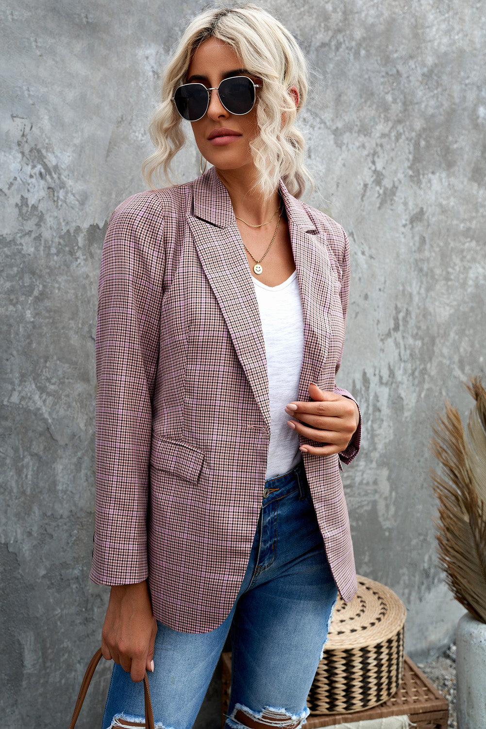 Plaid Print Lapel Collar Buttoned Blazer