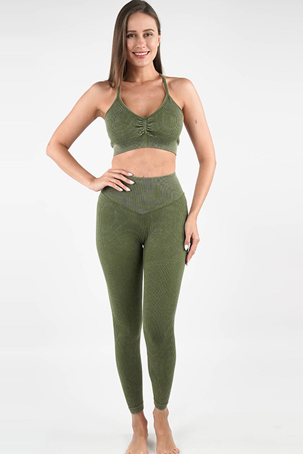 Moss Green Seamless Ribbed Spaghetti Straps Bra Leggings Sports Set