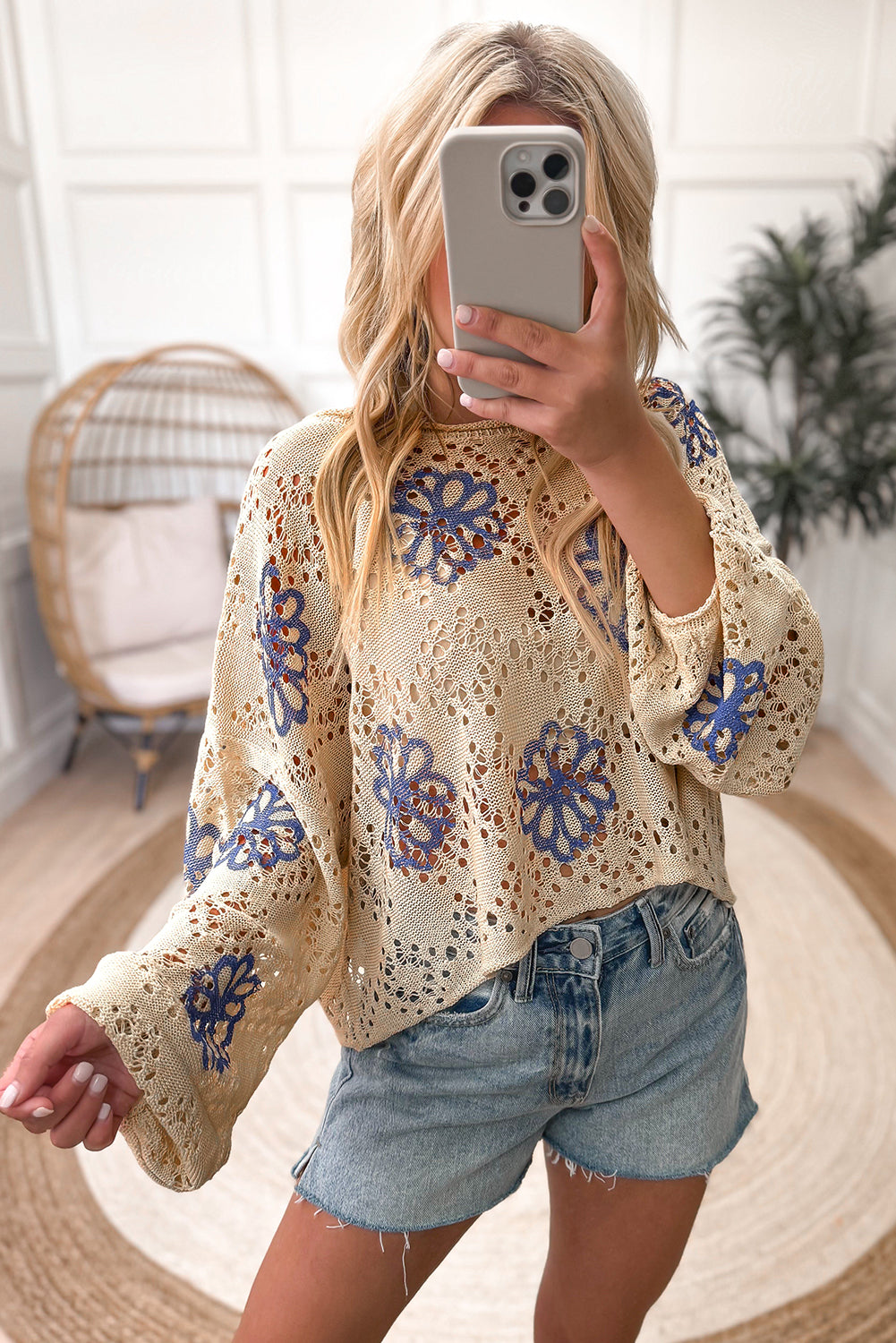 Beige Contrast Flower Print Eyelet Drop Shoulder Sweater