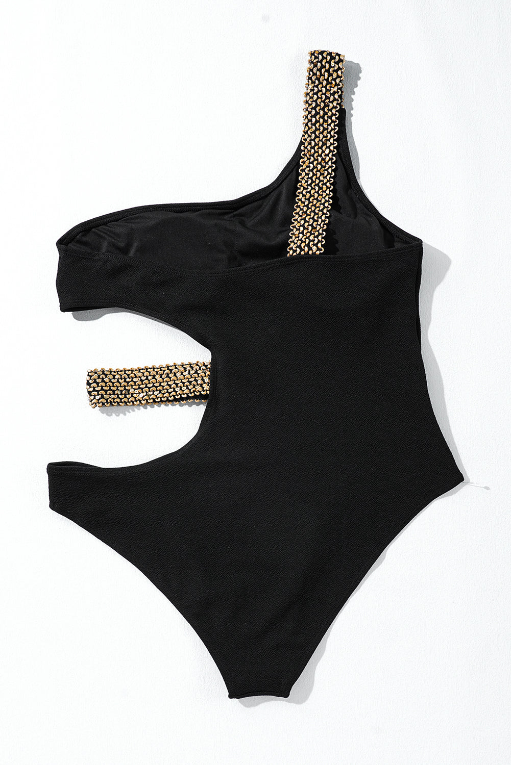 Black Textured Stitch One Shoulder Cutout One Piece Swimsuit