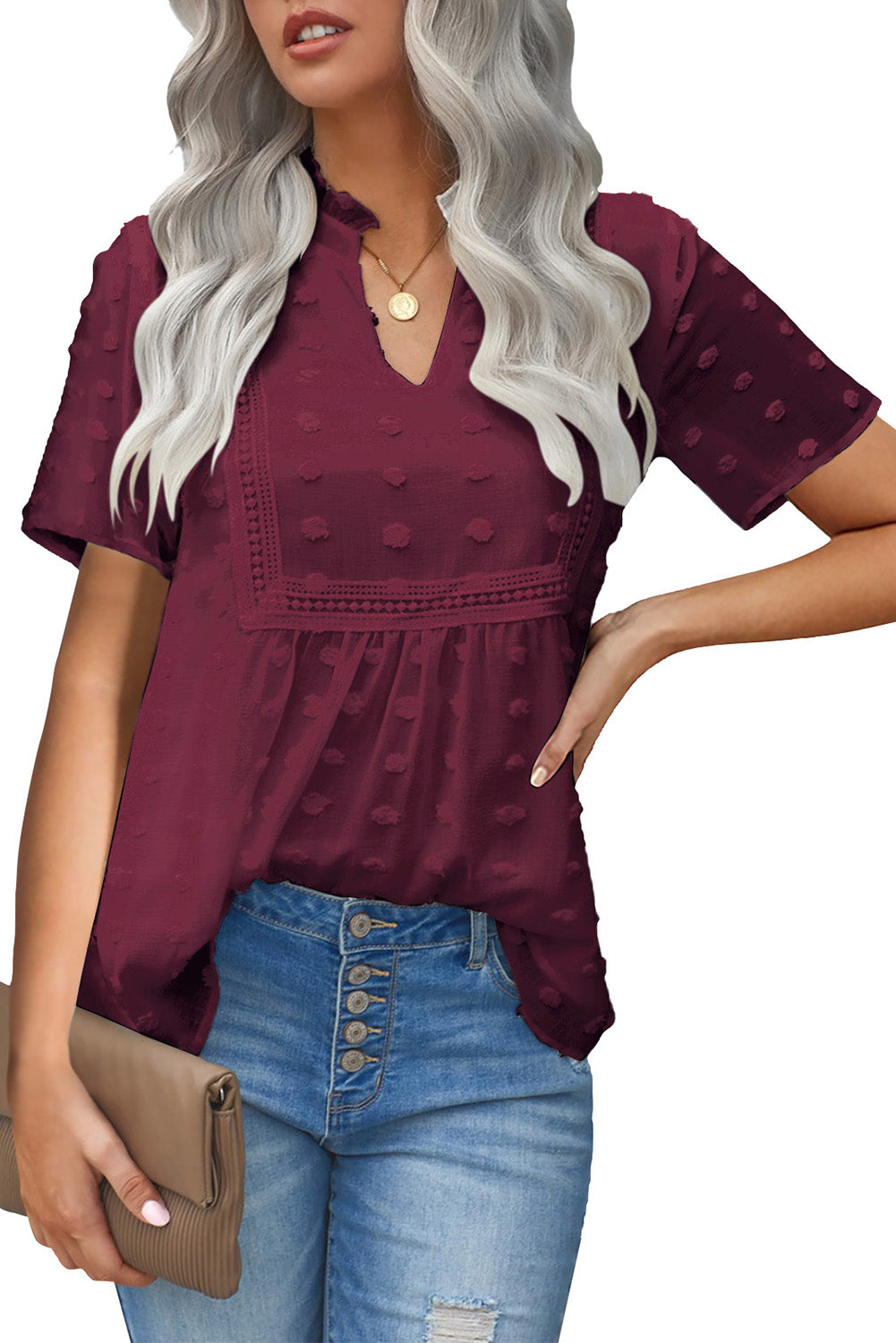 Burgundy Swiss Dot Short Sleeve Flowy Top