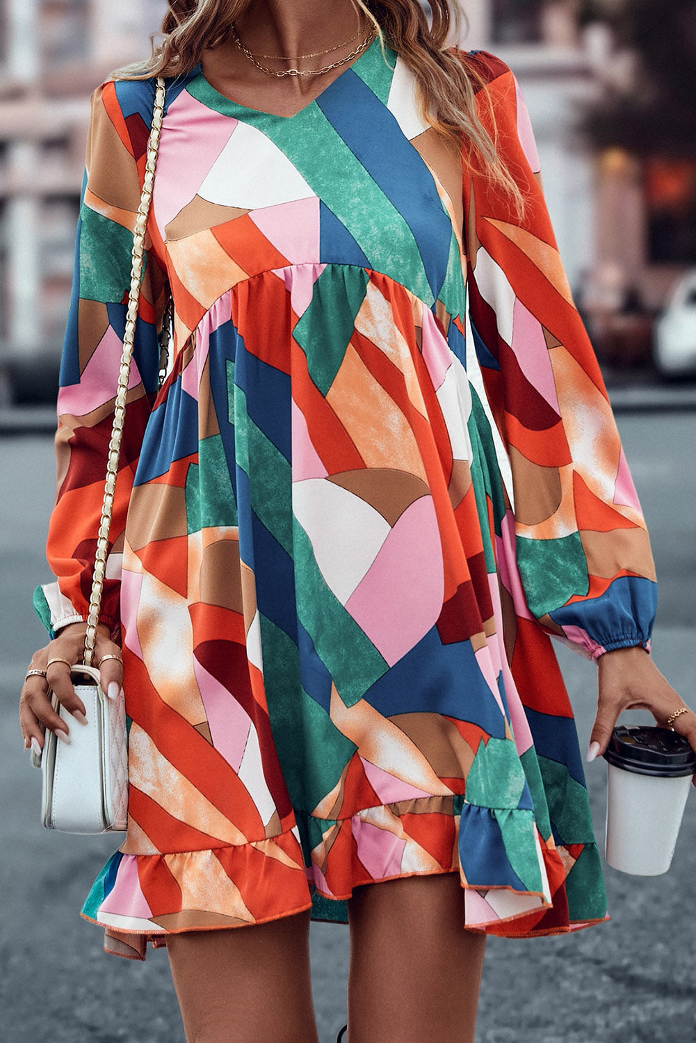 Multicolor Geometric Print Long Sleeve Ruffle Babydoll Dress