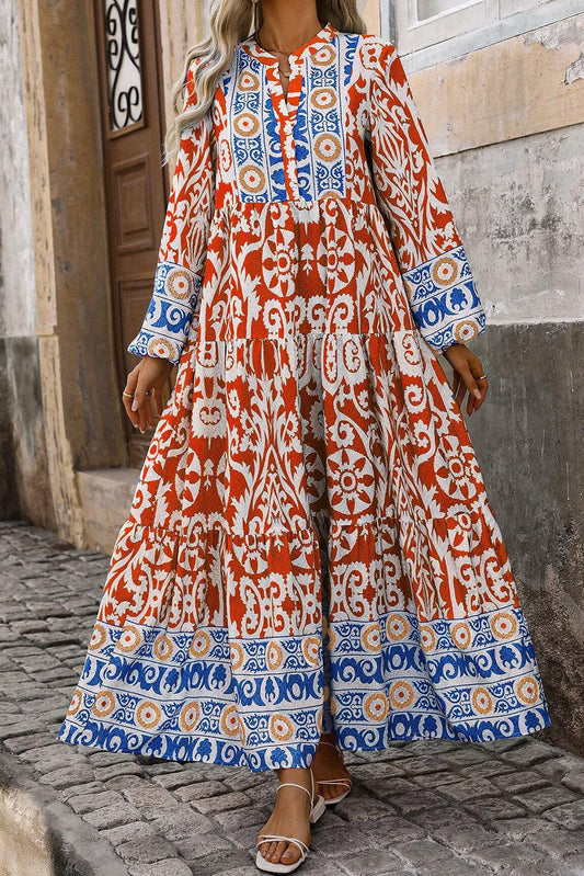 Orange Boho Geometric Printed Long Sleeve Maxi Dress