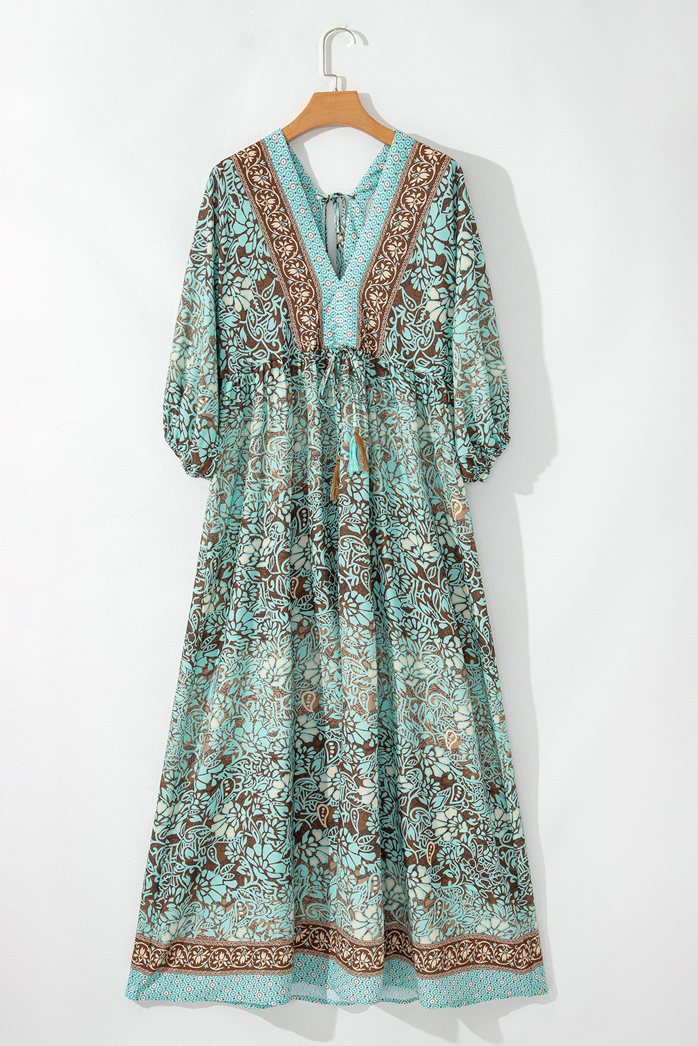 Green Boho Floral Print Lace-up Open Back High Waist Maxi Dress