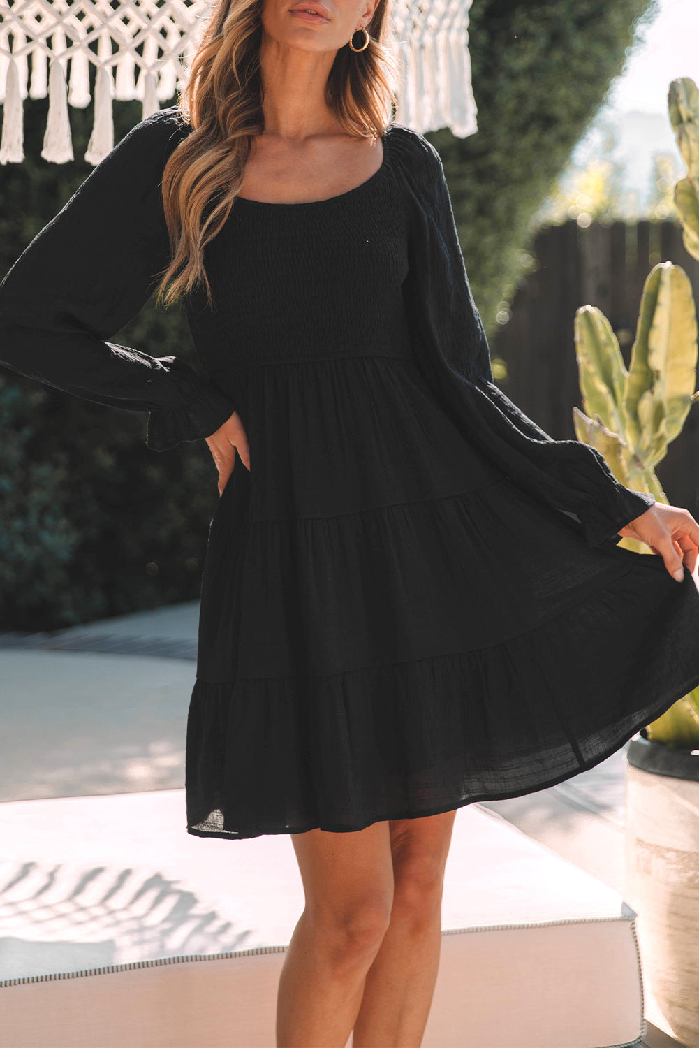 Black Bishop Sleeve Smocked Tiered Mini Dress