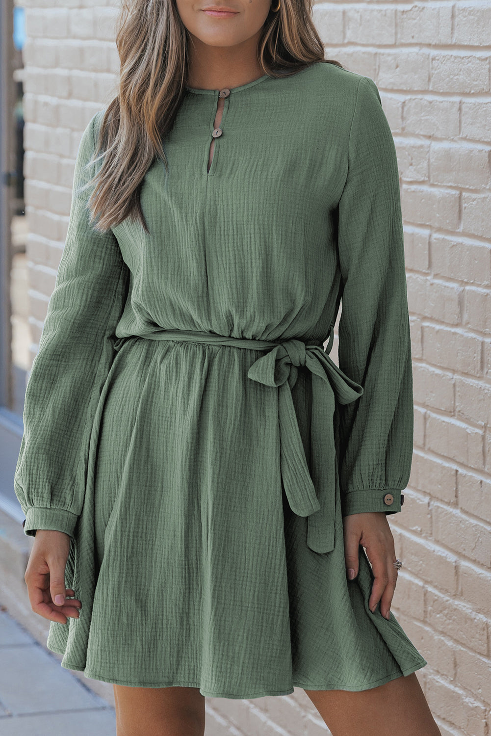 Pickle Green Button Neck Puff Sleeve Belted Pleated Mini Dress