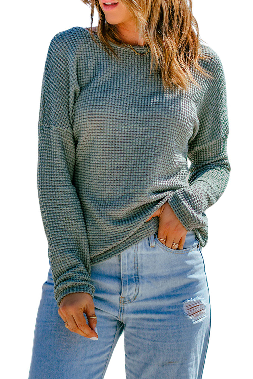 Green Waffle Knit Drop Shoulder Long Sleeve Top