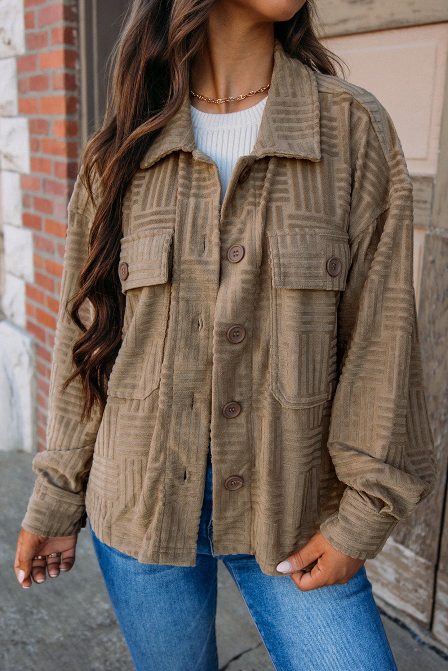 Dark Khaki Textured Chest Pocket Button-up Shacket