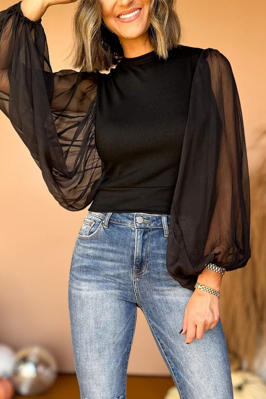 Black Billowy Mesh Puff Sleeve Ribbed Top