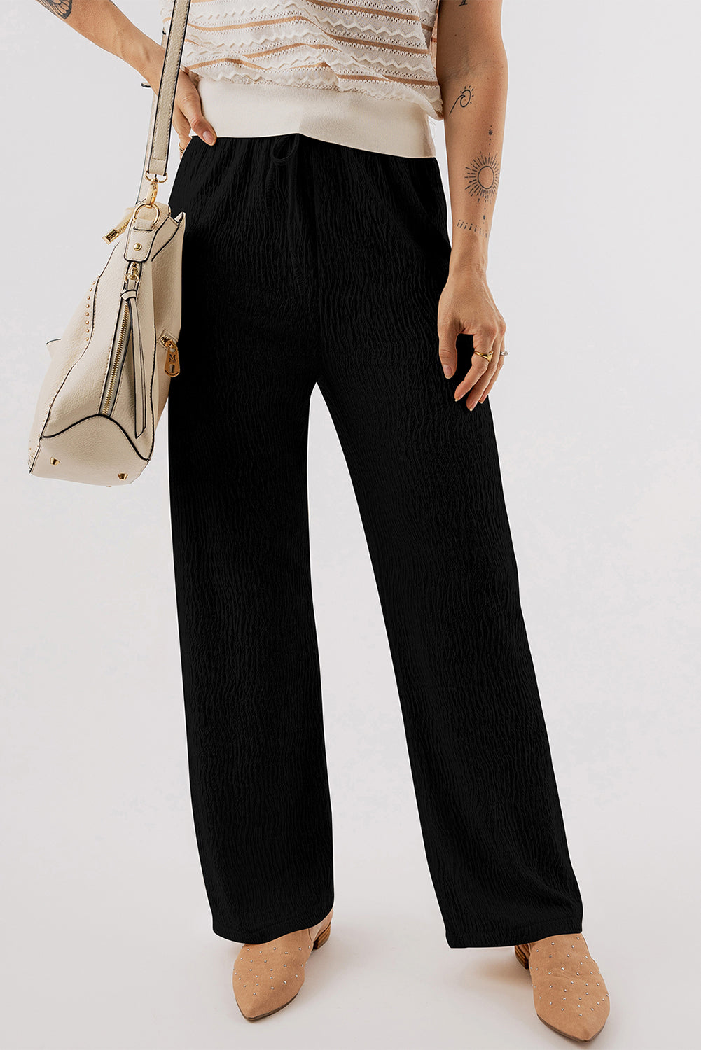 Black Textured Loose Drawstring Pants