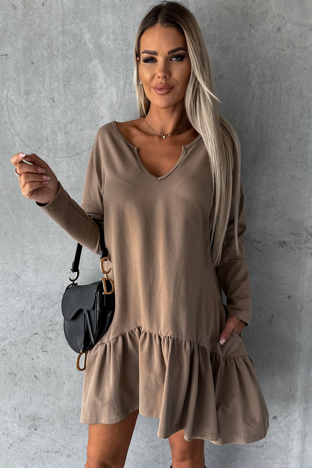 Chestnut Split Neck Long Sleeve Ruffled Loose Dress