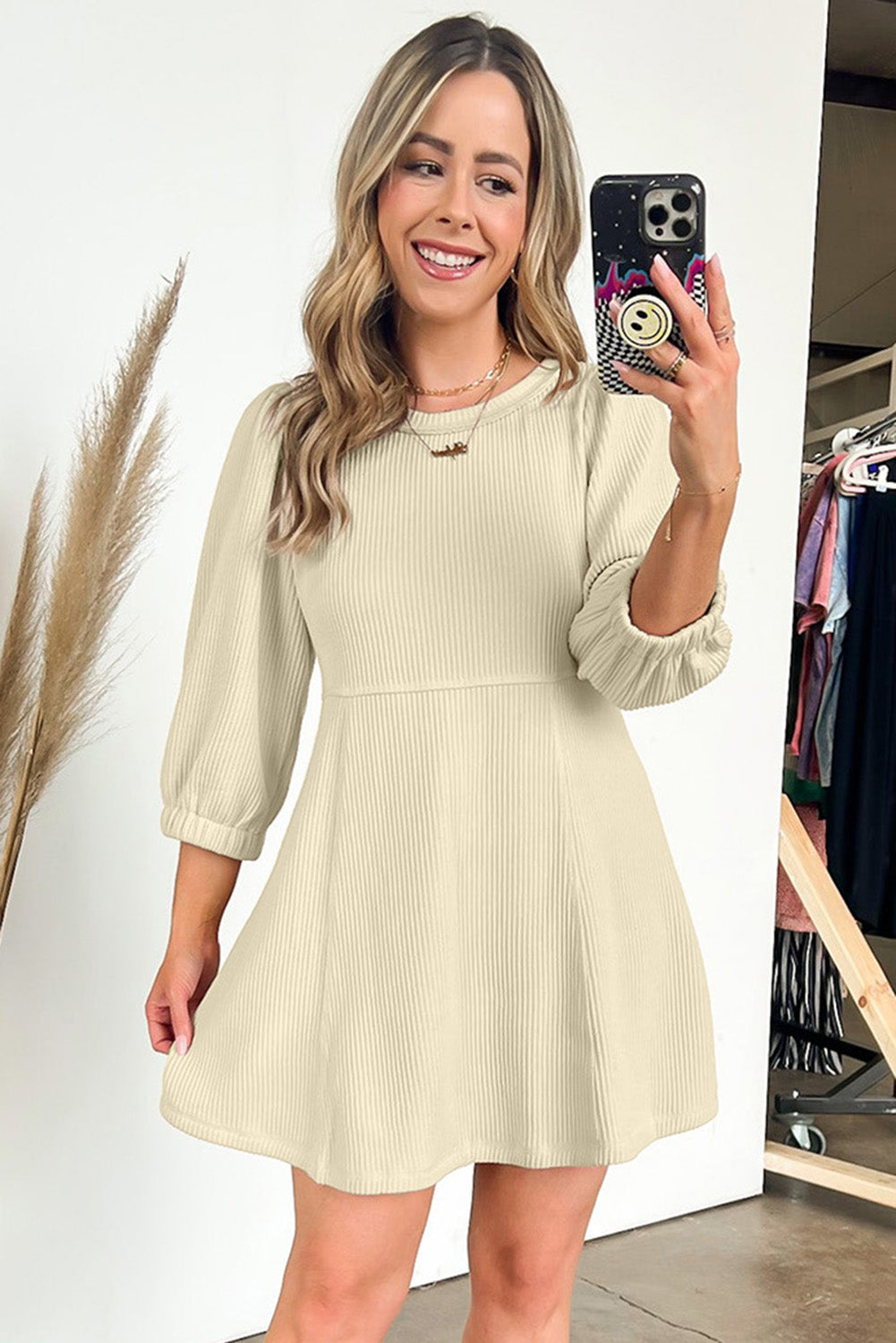 Beige Ribbed Knit Puff Sleeve Flared Mini Dress