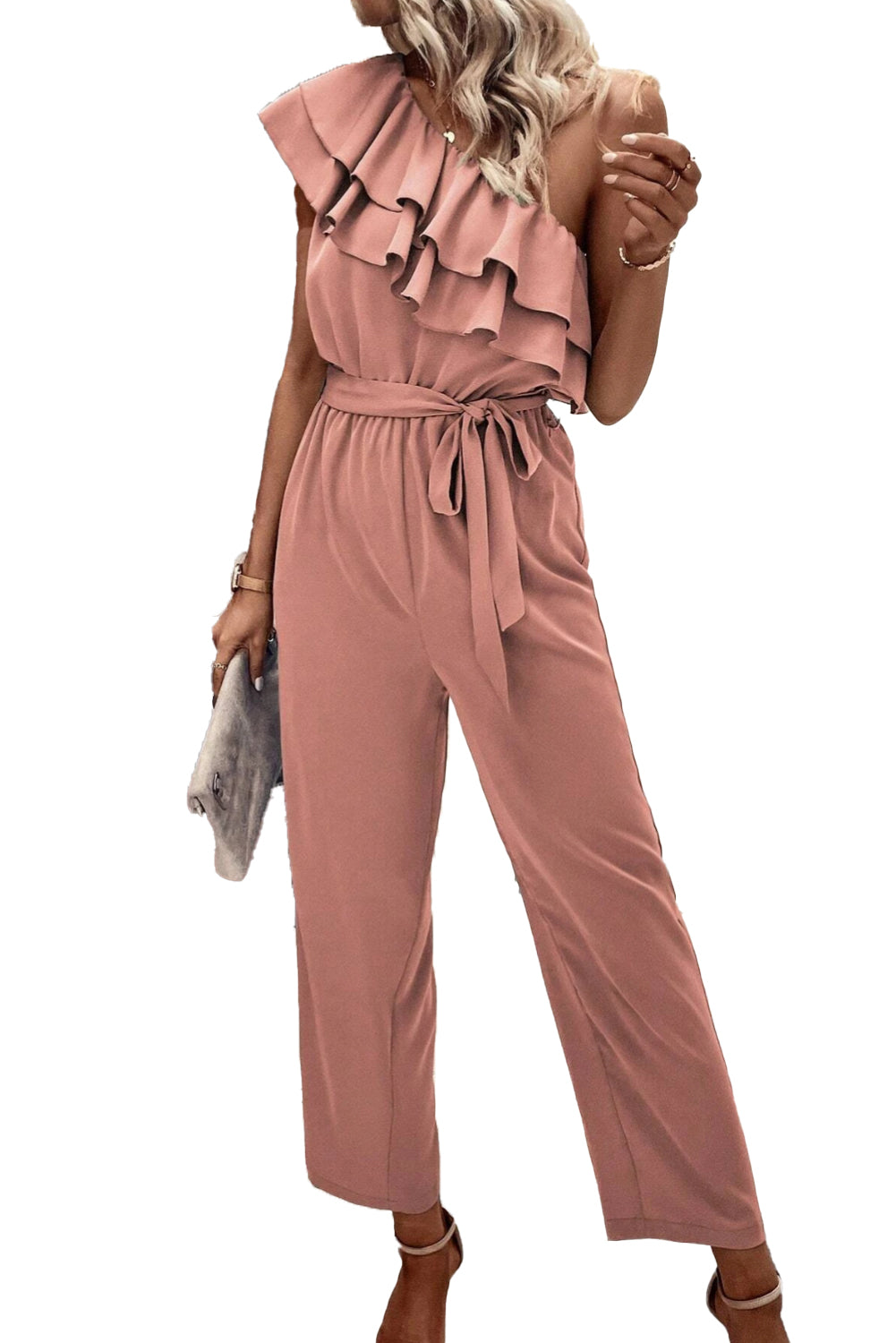 Dusty Pink One Shoulder Ruffle Trim Belted Jumpsuit