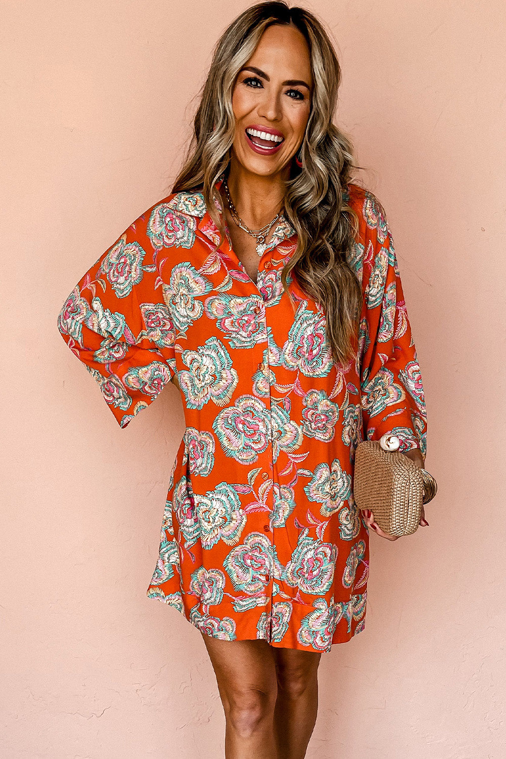 Red Floral Print Lapel Collar Loose Shirt Mini Dress