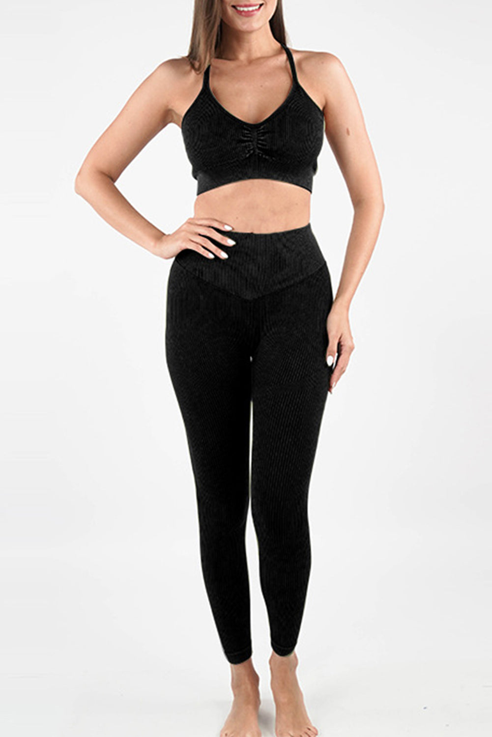 Black Seamless Ribbed Spaghetti Straps Bra Leggings Sports Set