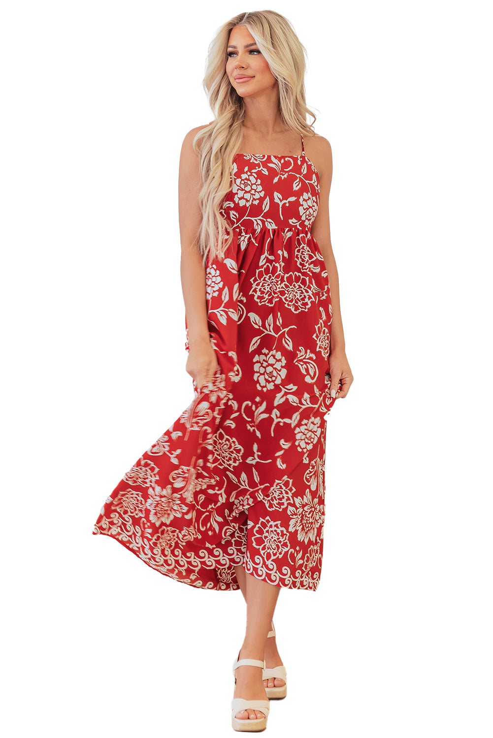 Red Floral Printed Spaghetti Strap Empire Waist Maxi Dress