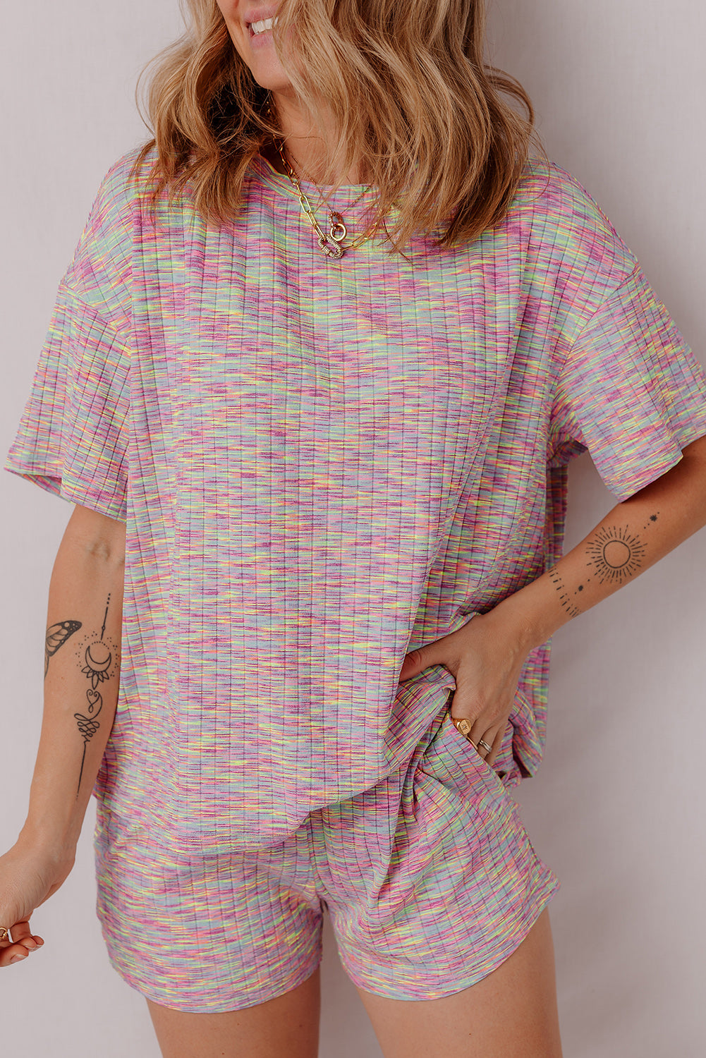 Multicolour Printed Ribbed Knit T Shirt and Shorts Lounge Set