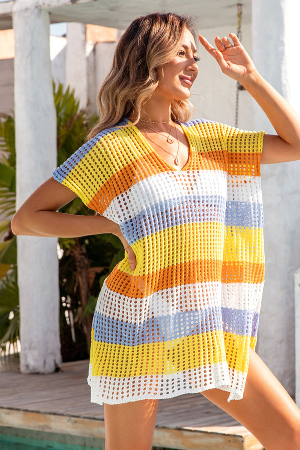 Yellow Striped Hollow Out Knit V Neck Tunic Cover Up