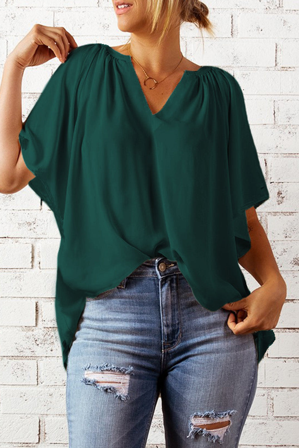 Green Split Neck Pleated Loose Top