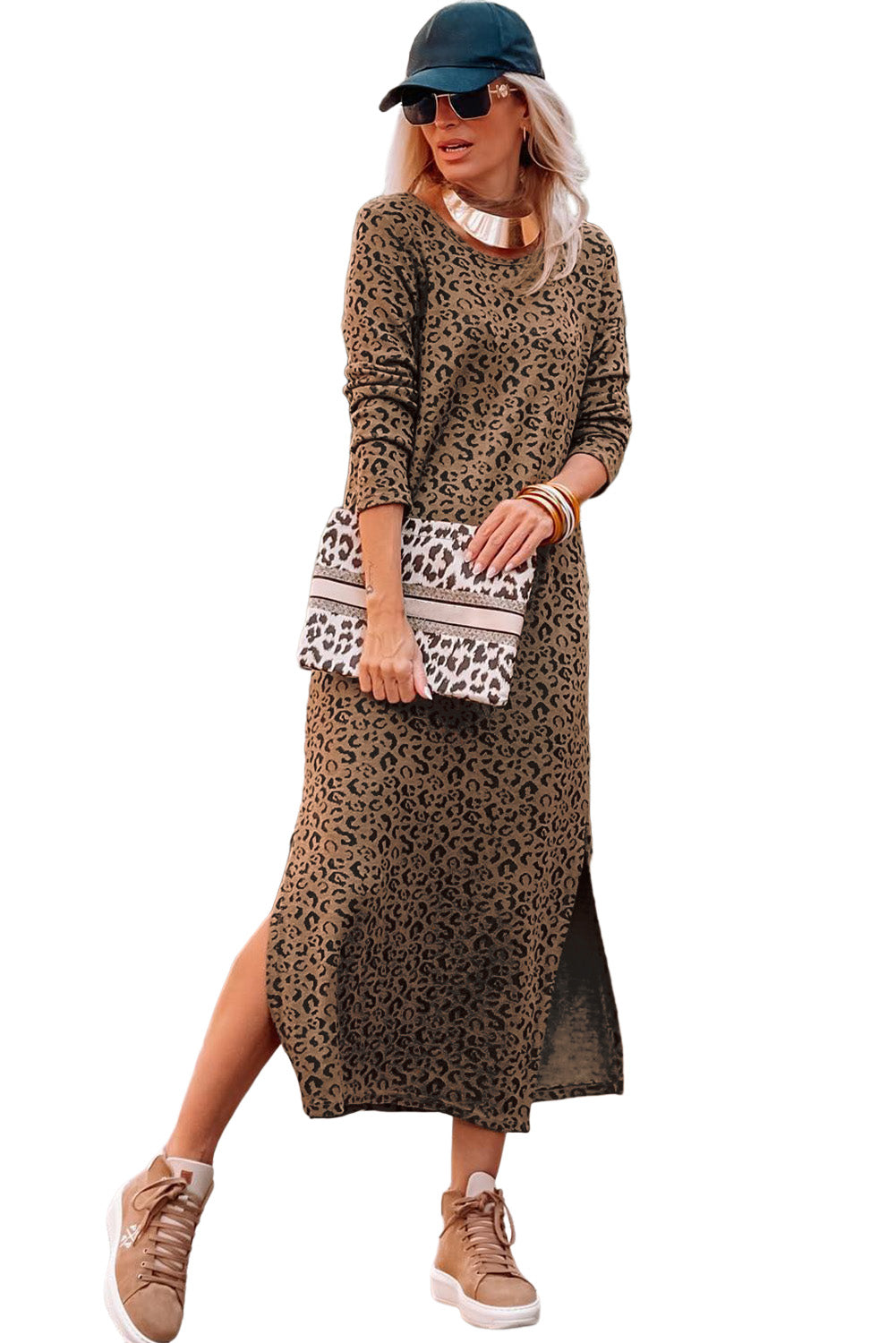 Leopard Round Neck Long Sleeve Split Dress