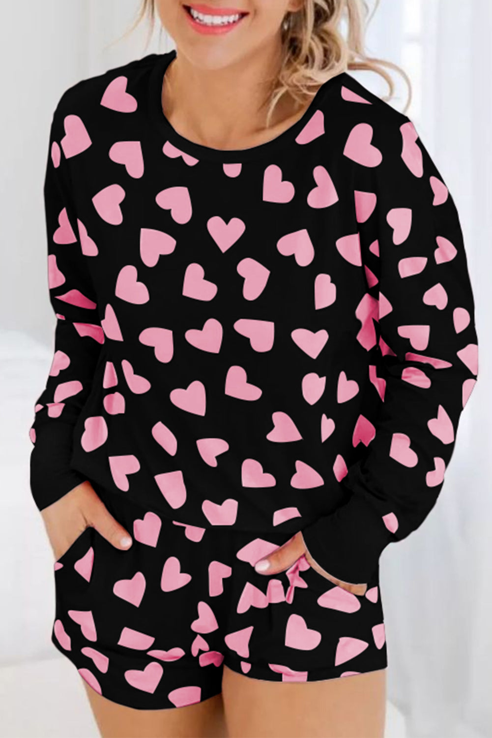 Black Valentine Heart Shape Print Long Sleeve Top Shorts Lounge Set