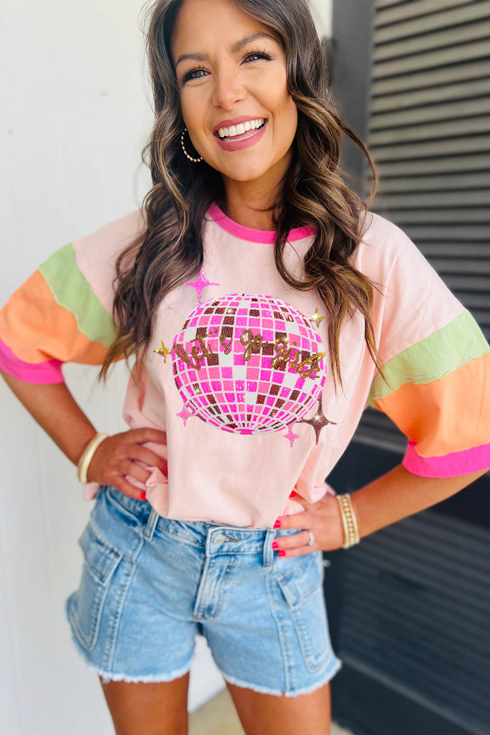 Pink Sequin Disco Ball Color Block Sleeve Graphic Tee