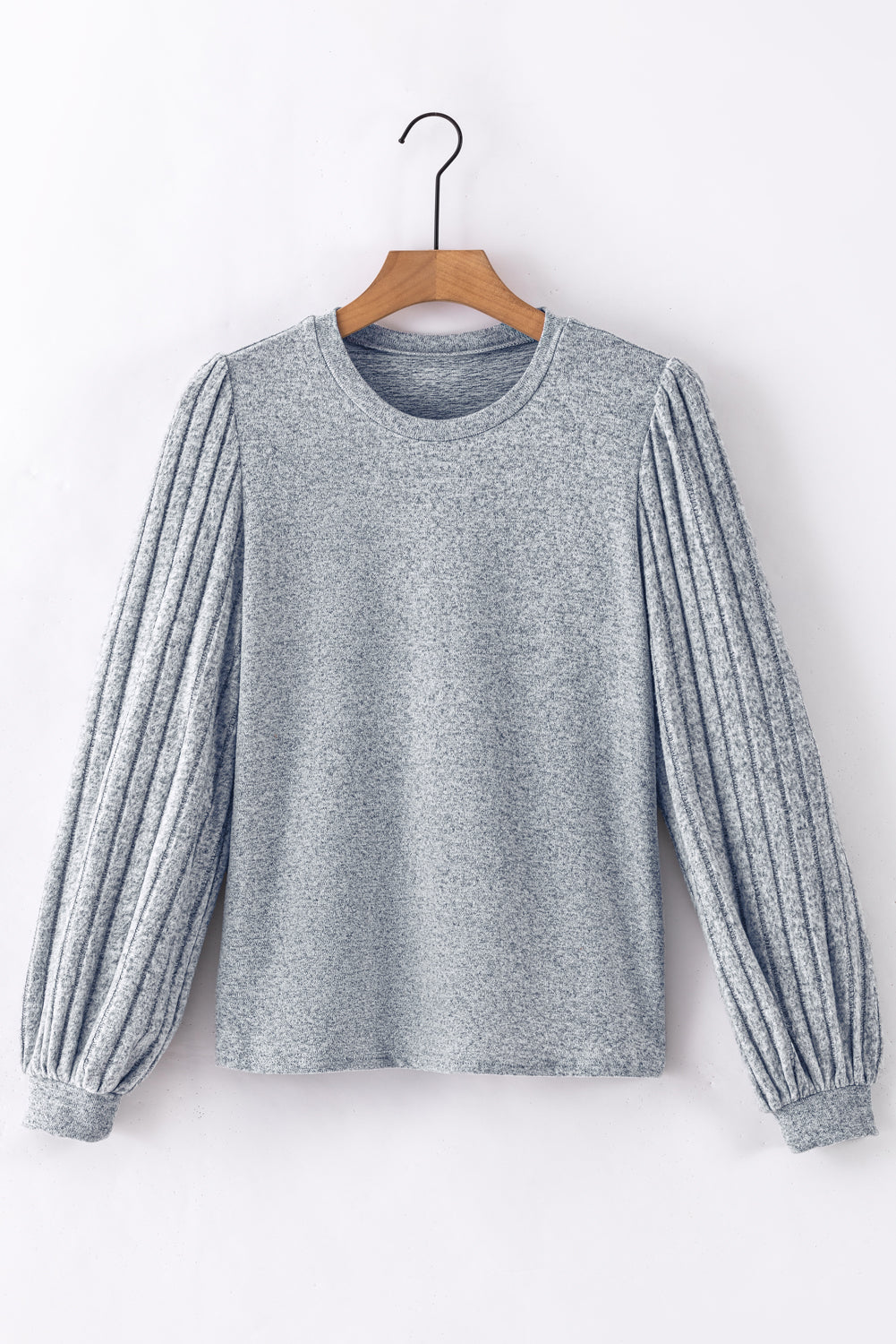 Gray Contrast Ribbed Bishop Sleeve Top