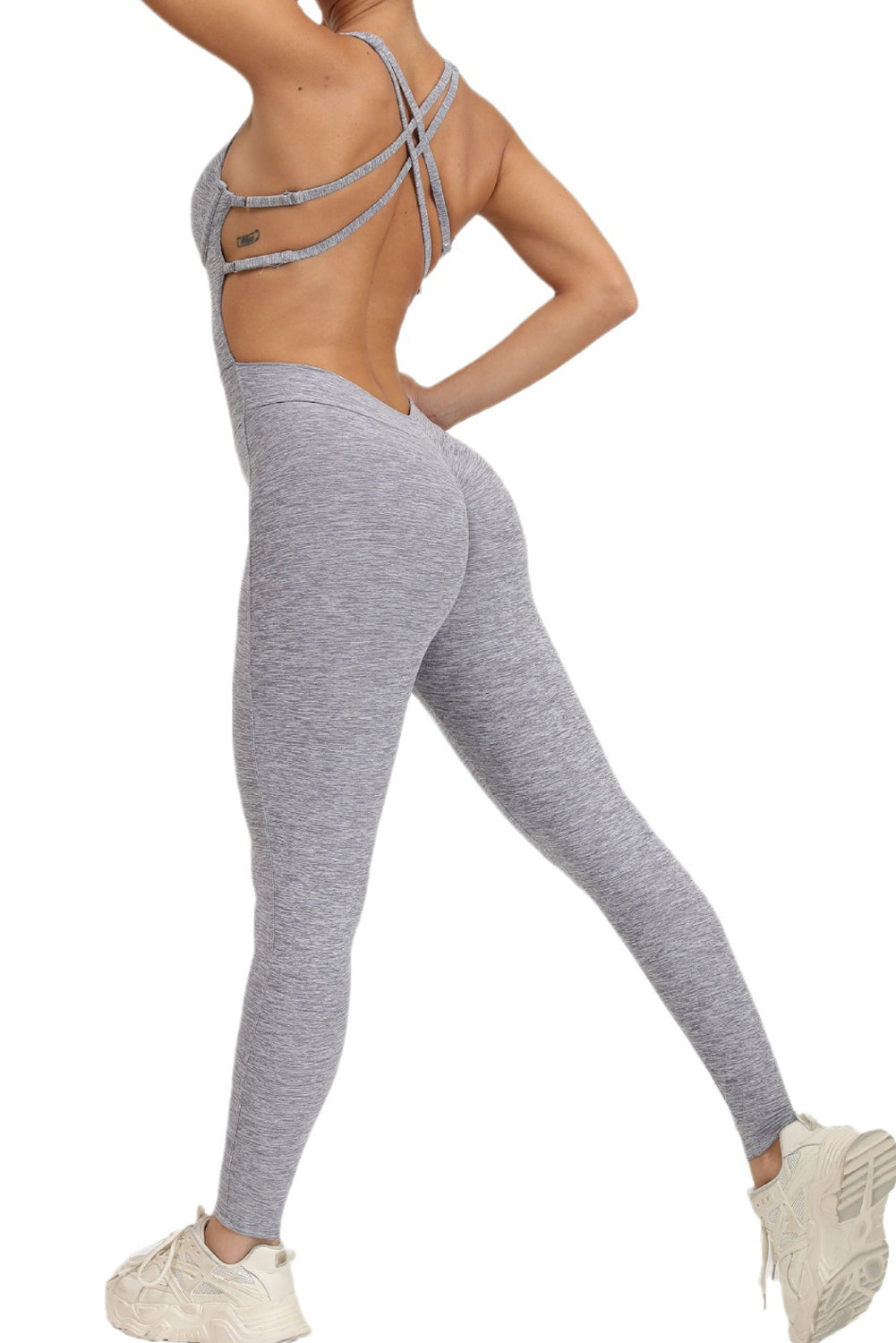 Gray Solid Criss Cross Backless Active Jumpsuit