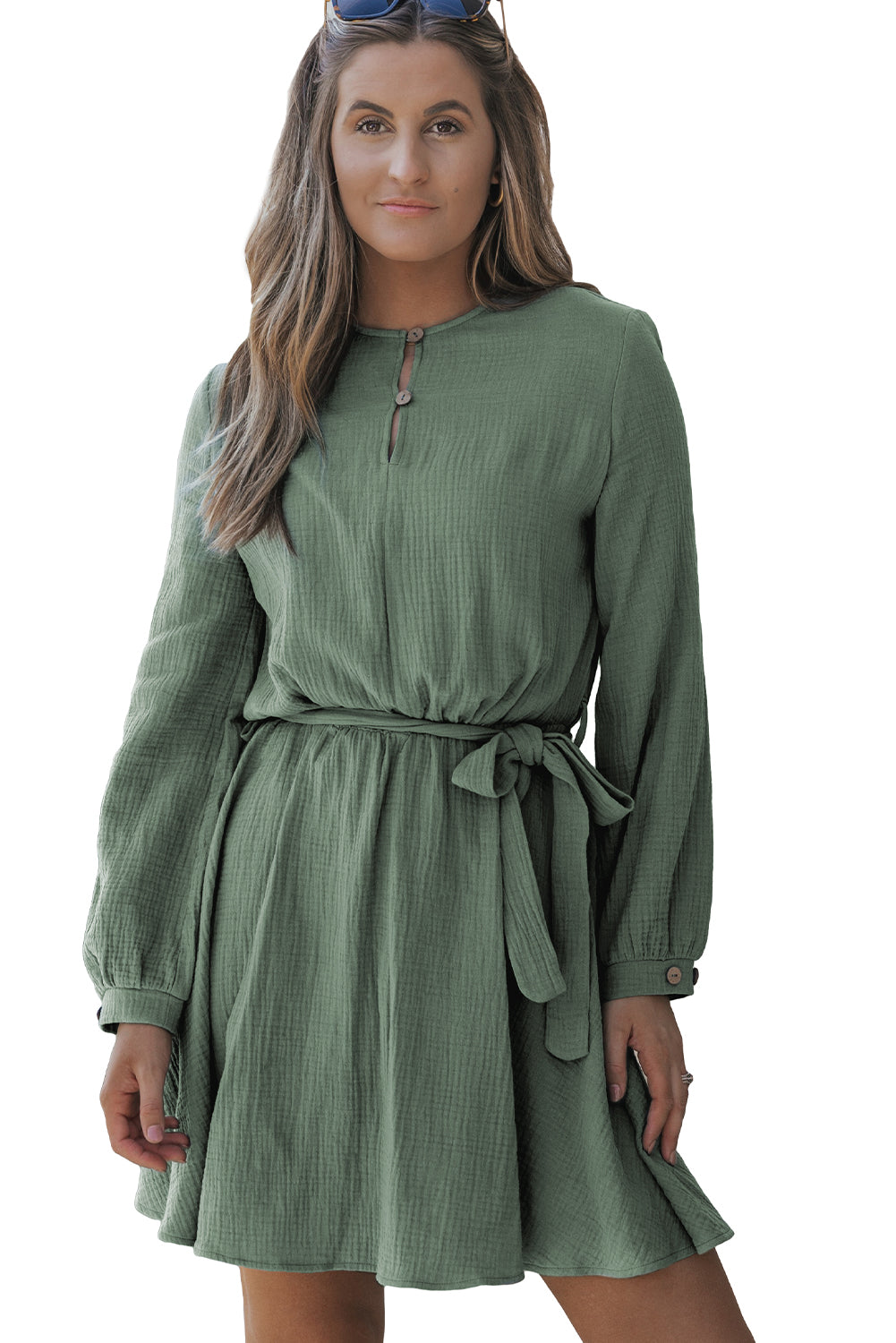 Pickle Green Button Neck Puff Sleeve Belted Pleated Mini Dress