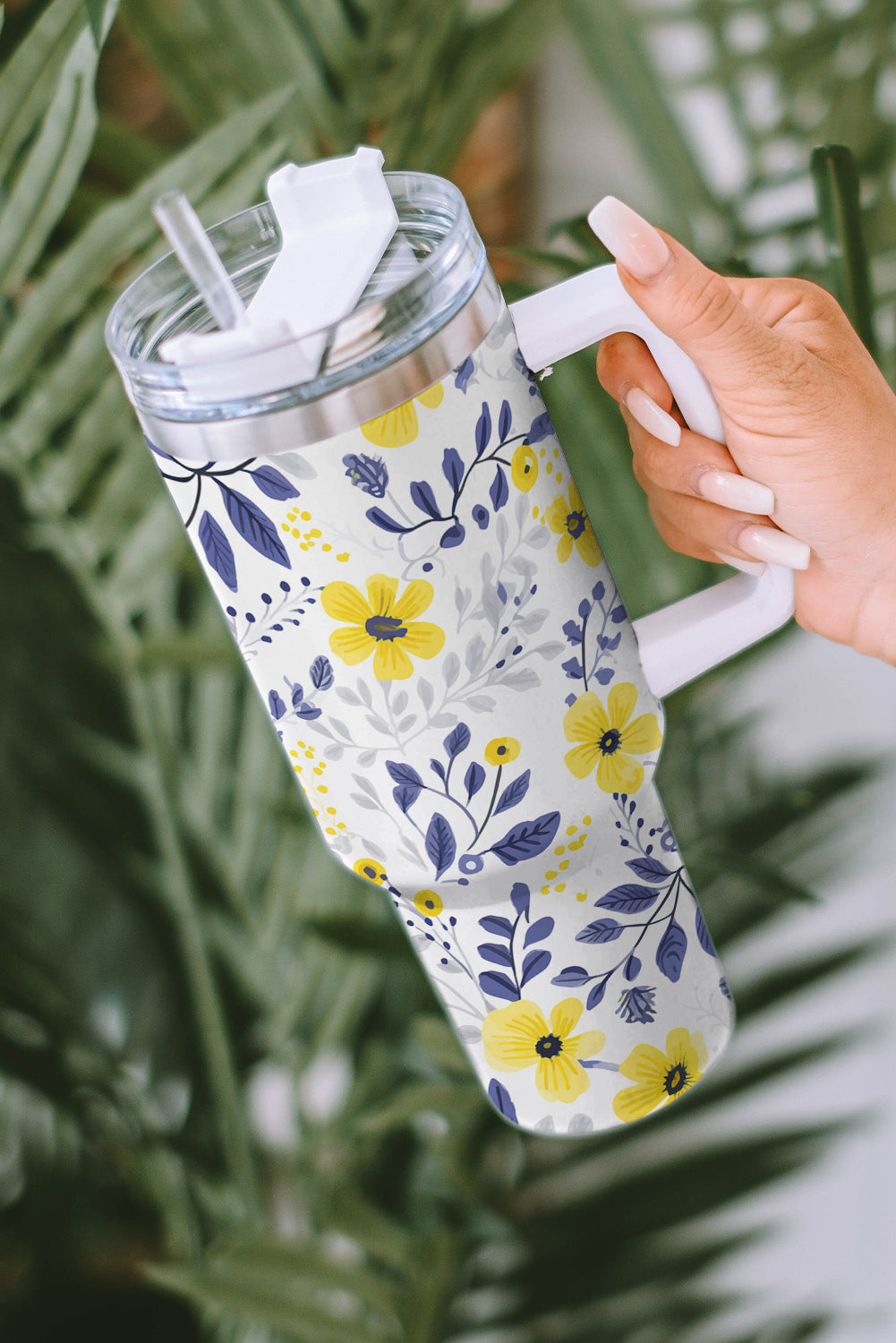 White Flower Print Stainless Handled Large Tumbler 40oz