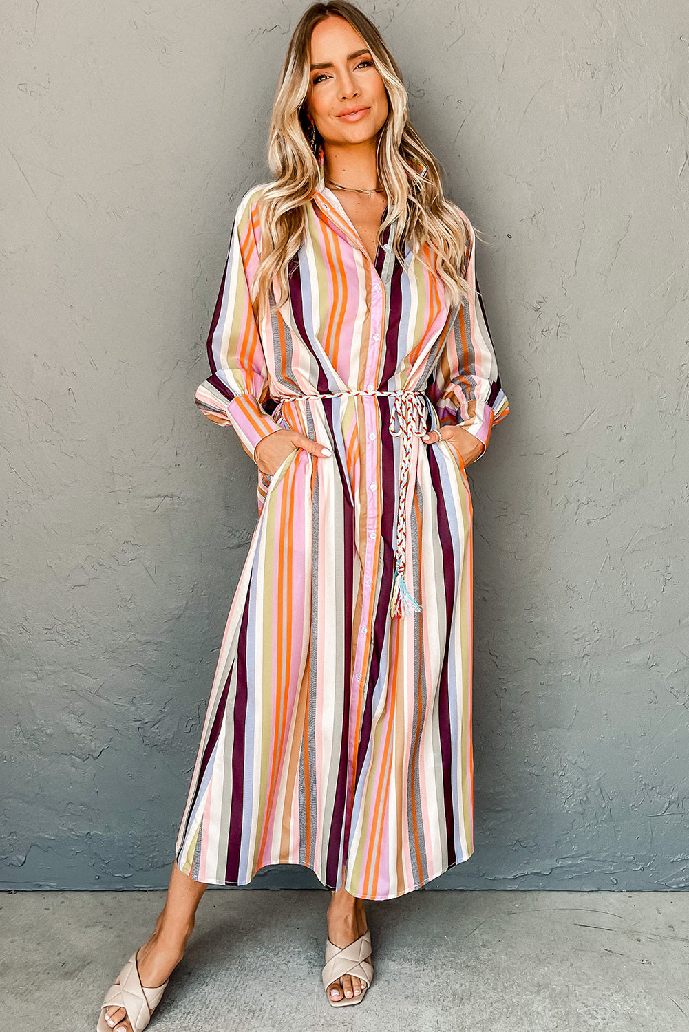 White Multicolor Striped Cuffed Sleeve Tassel Tied Shirt Maxi Dress