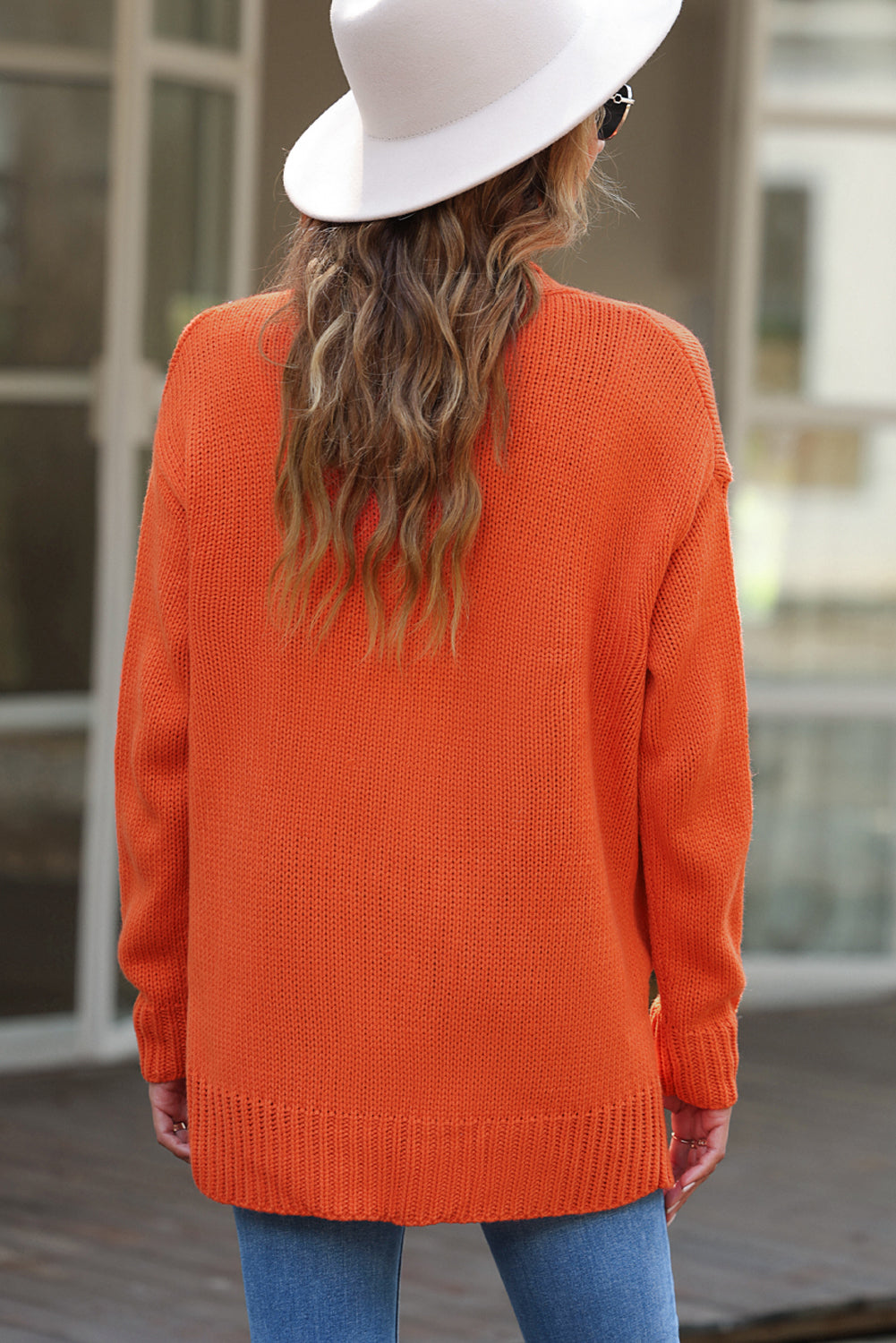 Orange Plain Dual Pockets Open Front Cardigan