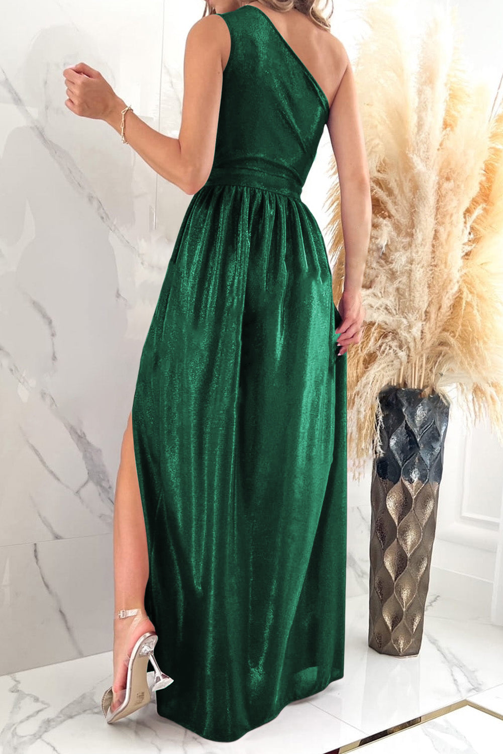 Green Shiny Velvet One Shoulder Long Split Dress