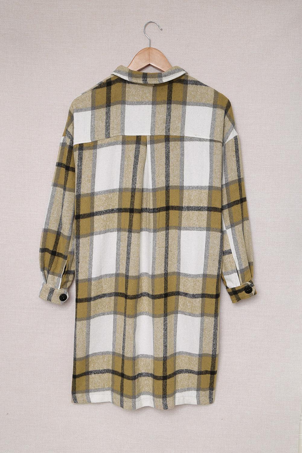 Khaki Shirt Collar Button Closure Plaid Coat