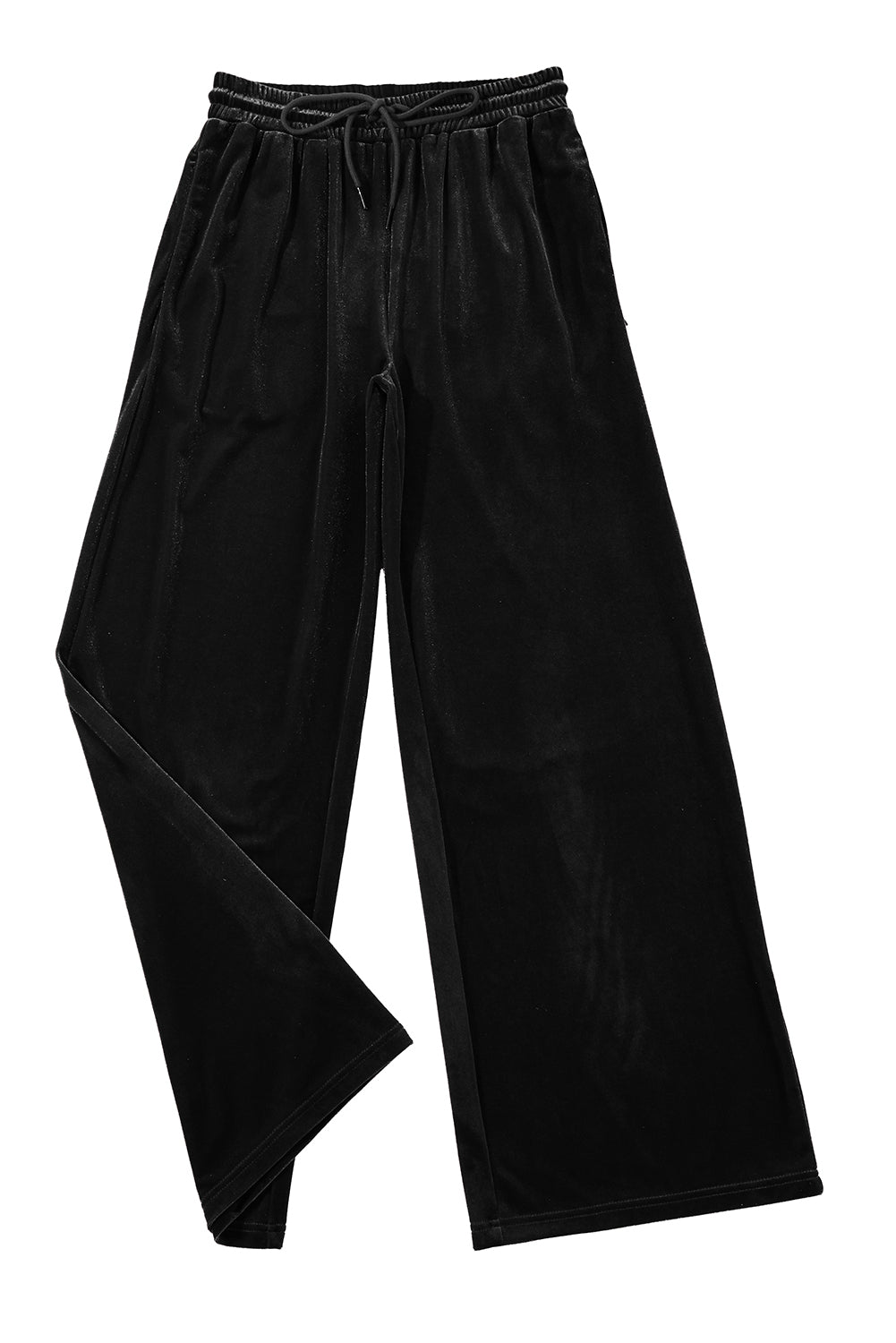 Black Solid Drawstring Waist Wide Leg Pants