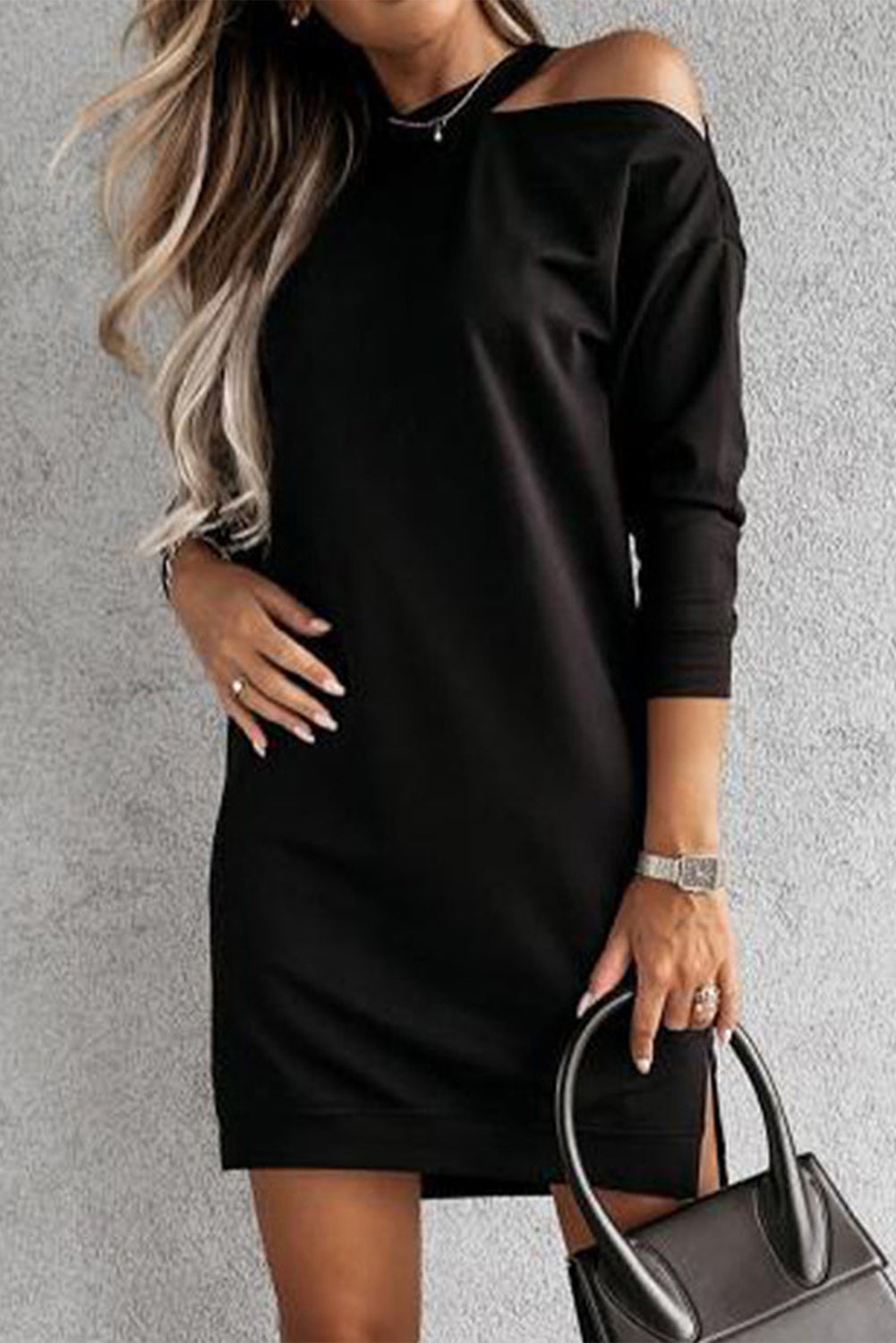 Black Single Cold Shoulder T-shirt Dress with Slits