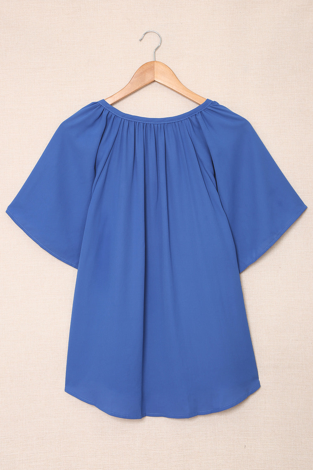 Blue Split Neck Pleated Loose Blouse