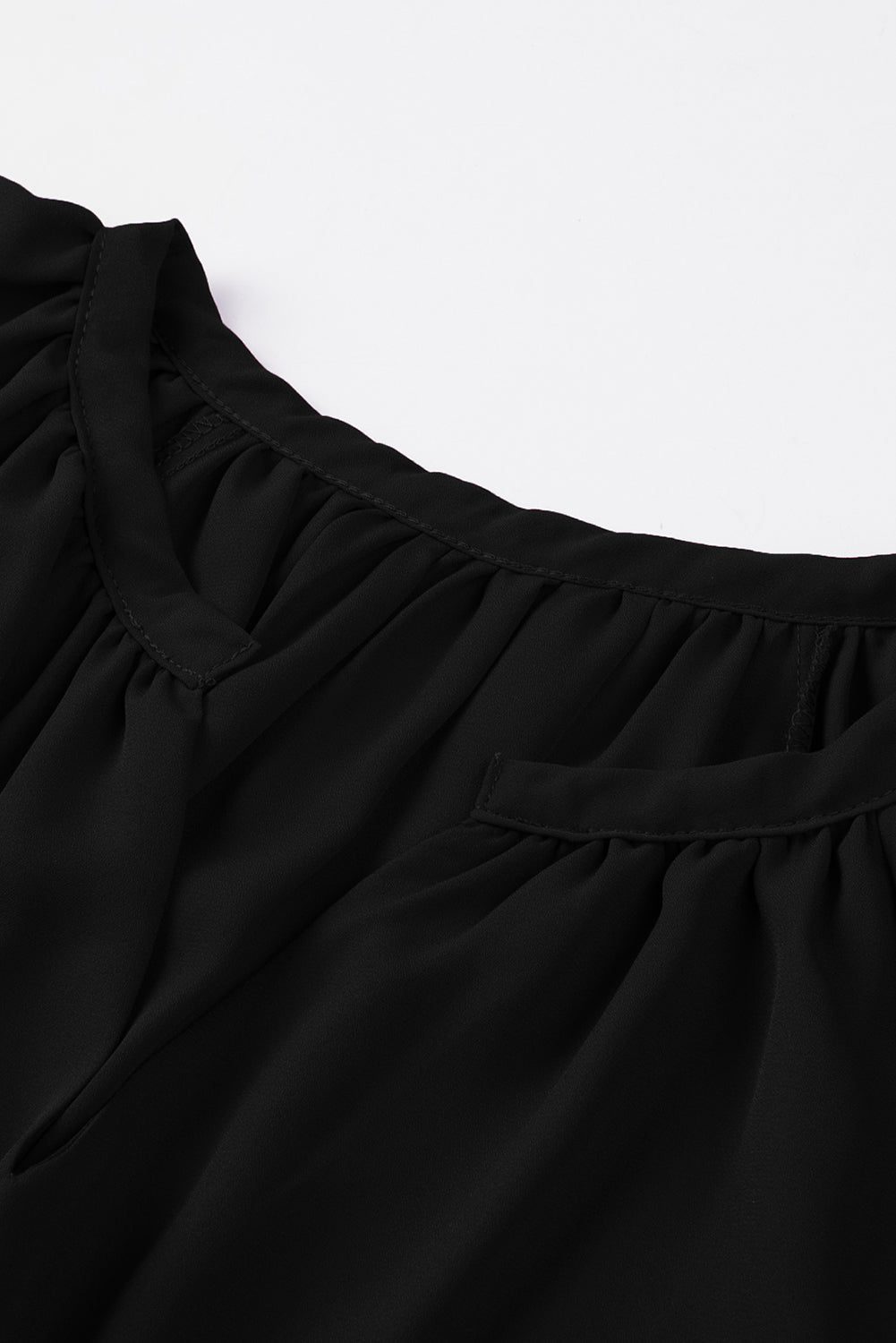 Black Split Neck Pleated Loose Top