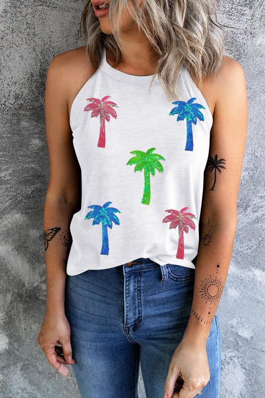 White Sequin Coconut Tree Graphic Tank Top