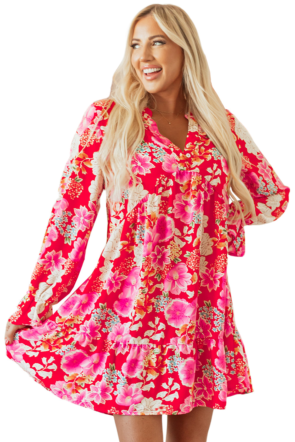 Red Floral Print High Waist V Neck Babydoll Mini Dress