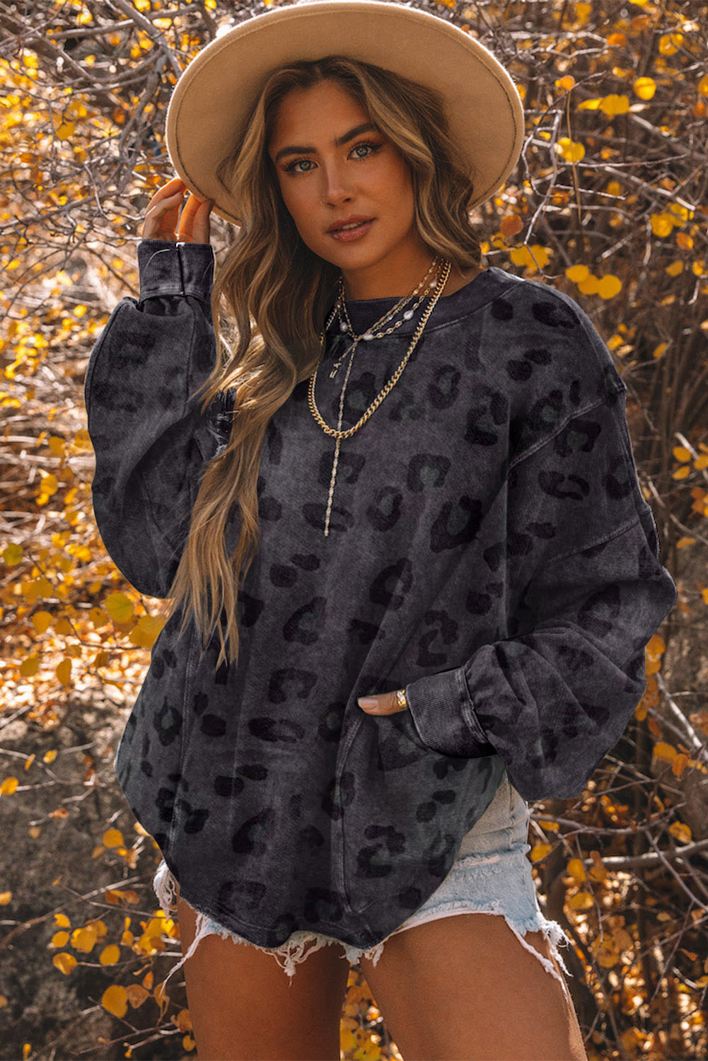 Carbon Grey Leopard Print Loose Fit Pullover Sweatshirt