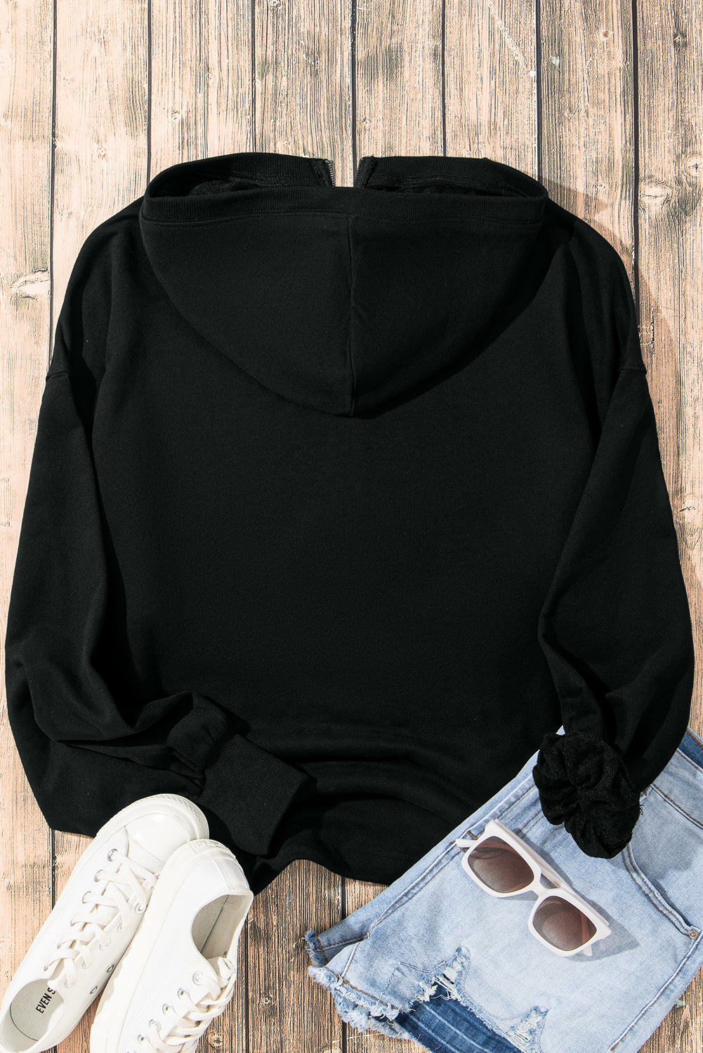 Black Solid Kangaroo Pocket Half Zipper Oversized Hoodie