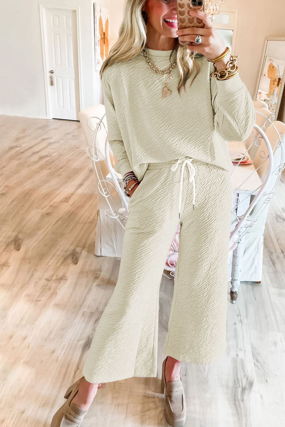 White Textured Long Sleeve Top Drawstring Pants Set