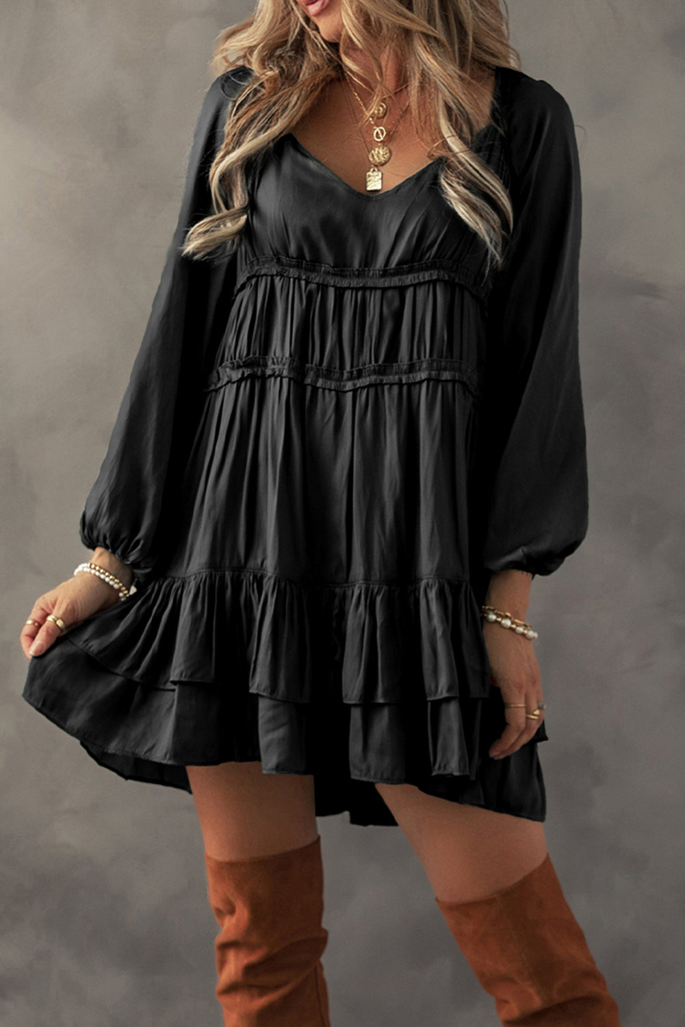 Black Tiered Ruffled Puff Sleeve Loose Fit Mini Dress