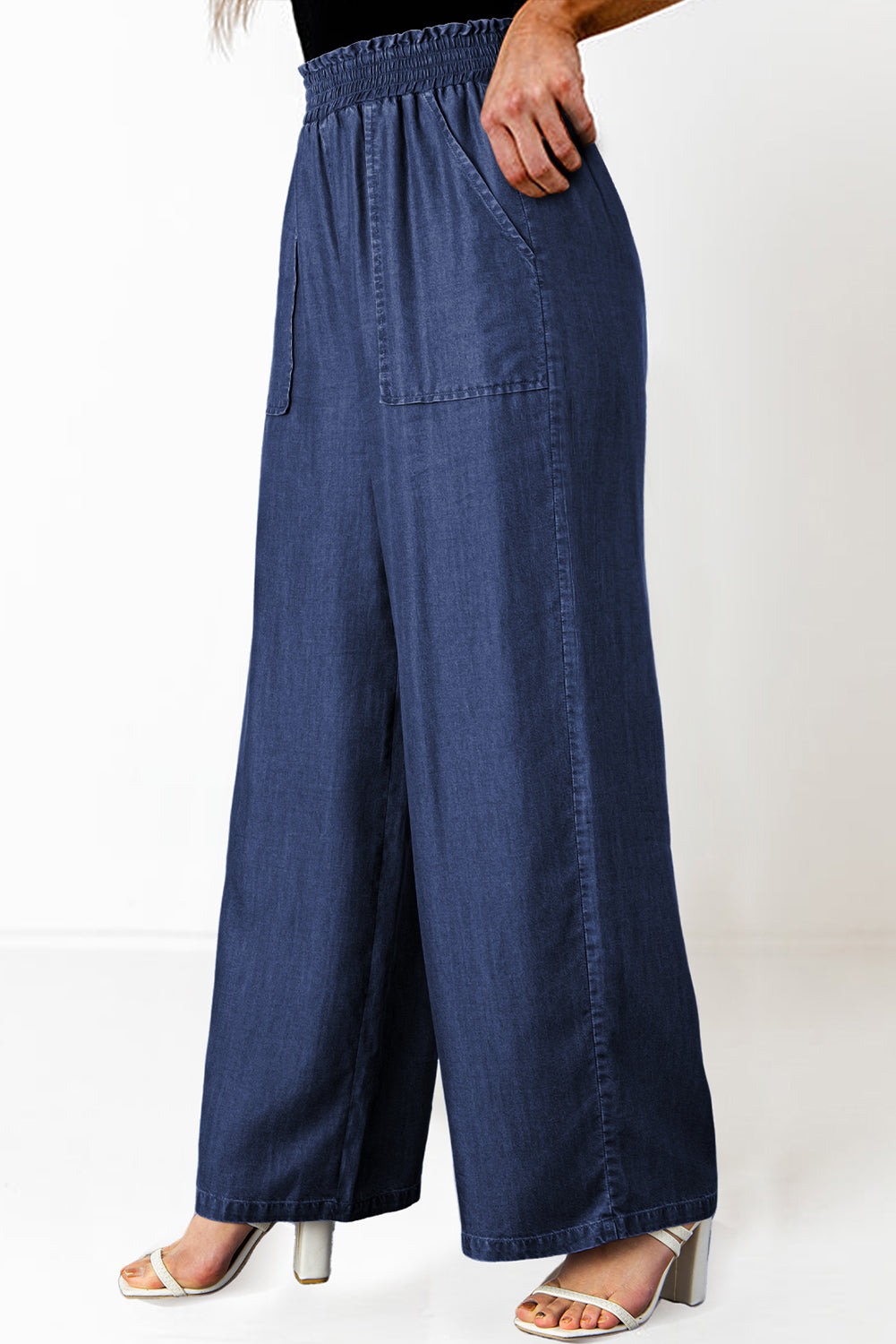 Sail Blue Side Pockets Frilled Smocked High Waist Wide Leg Jeans