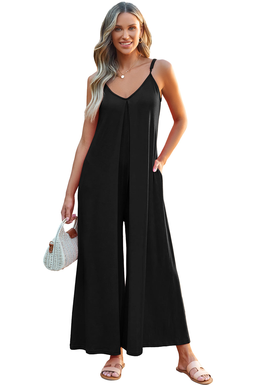 Black Adjustable Knotted Spaghetti Straps Wide Leg Jumpsuit