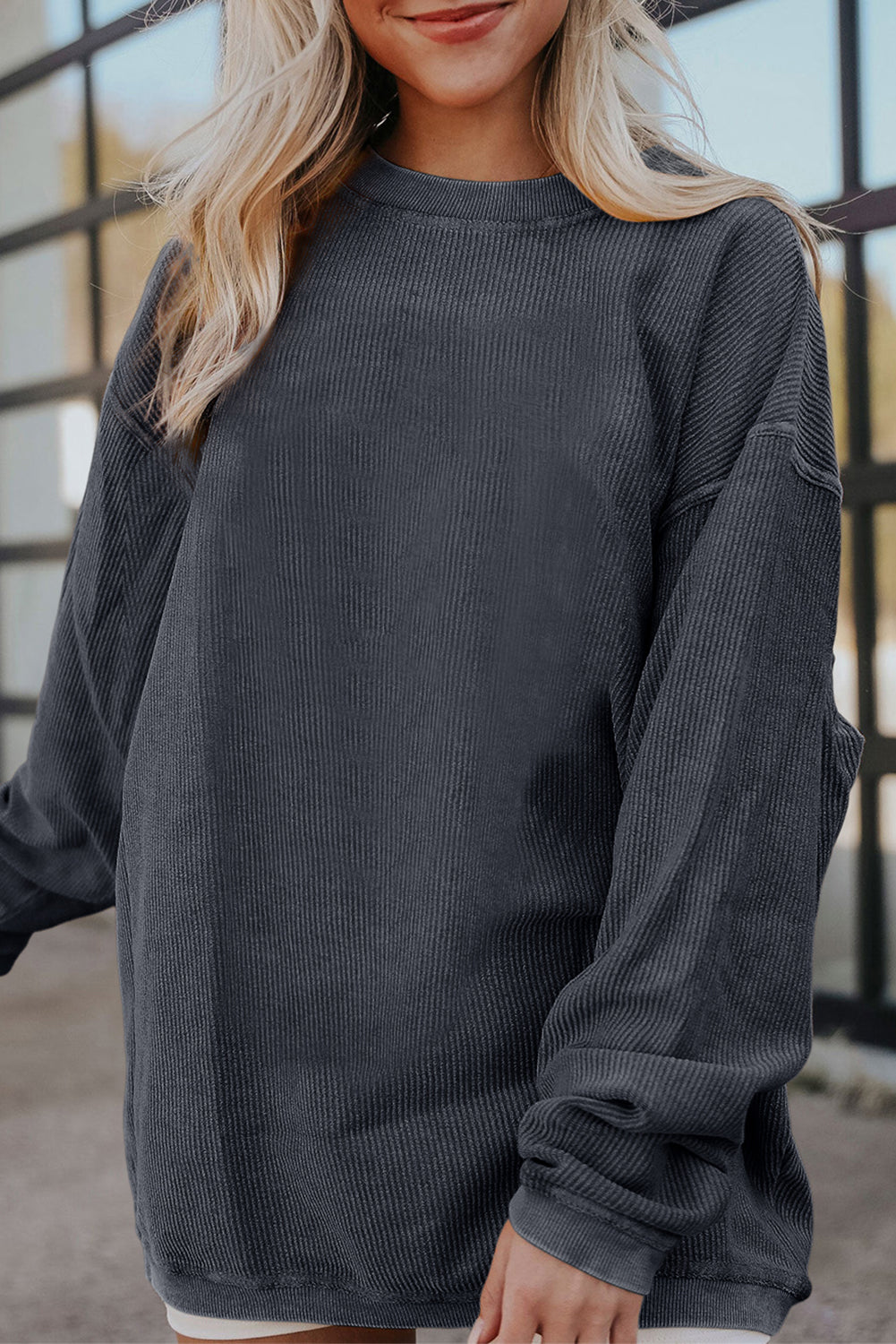 Dark Grey Ribbed Corded Oversized Sweatshirt