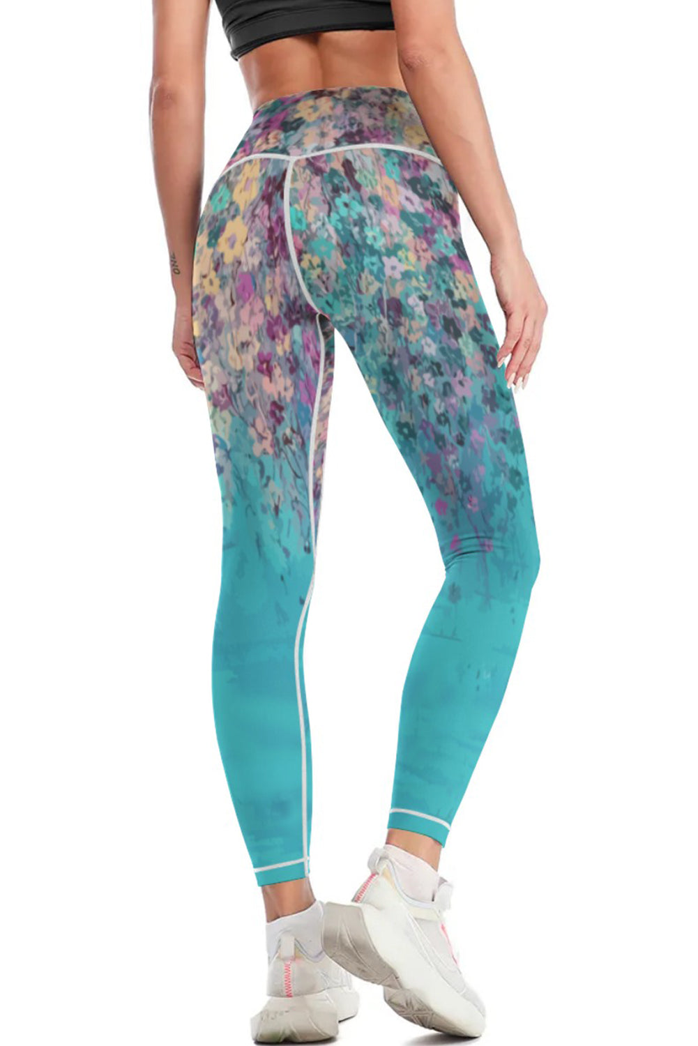 Sky Blue Contrast Trim Abstract Floral Yoga Pants