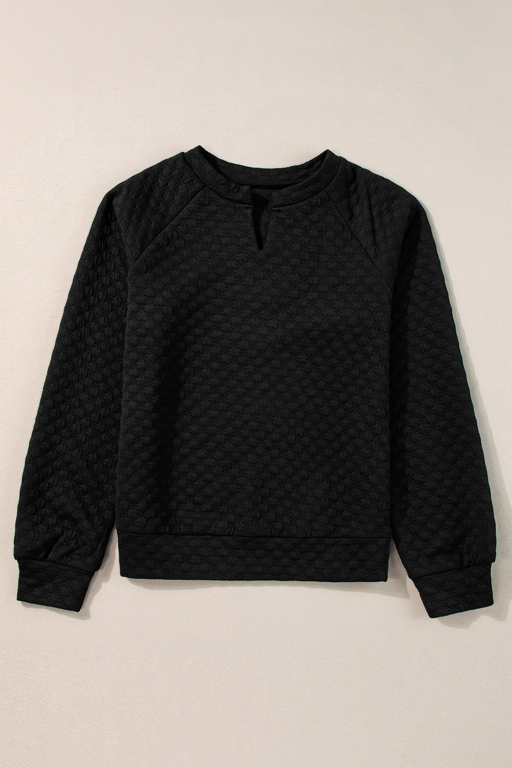 Black Split Neck Quilted Long Sleeve Top