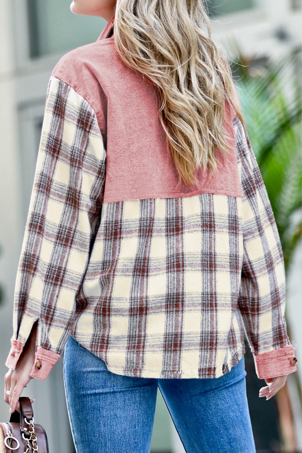 Plaid Corded Patchwork Flap Pocket Shacket